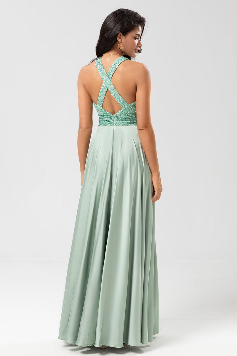 Load image into Gallery viewer, A Line V-Neck Matcha Long Bridesmaid Dress with Beading