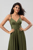 Load image into Gallery viewer, A Line Spaghetti Straps Olive Long Bridesmaid Dress with Ruffles