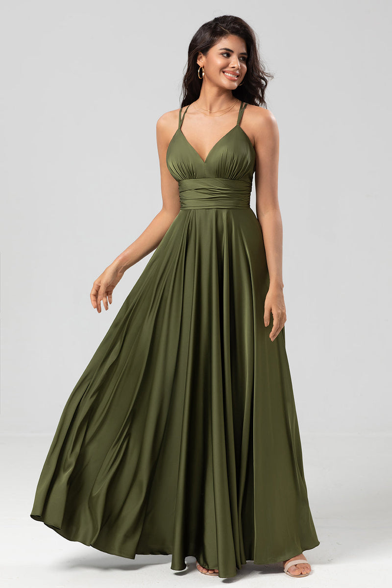 Load image into Gallery viewer, A Line Spaghetti Straps Olive Long Bridesmaid Dress with Ruffles