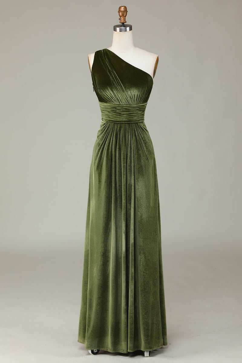 Load image into Gallery viewer, Velvet One Shoulder Olive Bridesmaid Dress