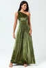 Load image into Gallery viewer, A Line One Shoulder Olive Velvet Long Bridesmaid Dress