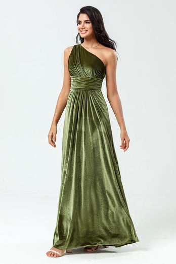 A Line One Shoulder Olive Velvet Long Bridesmaid Dress