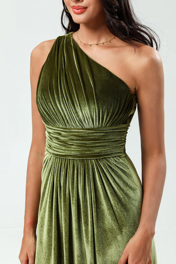 A Line One Shoulder Olive Velvet Long Bridesmaid Dress