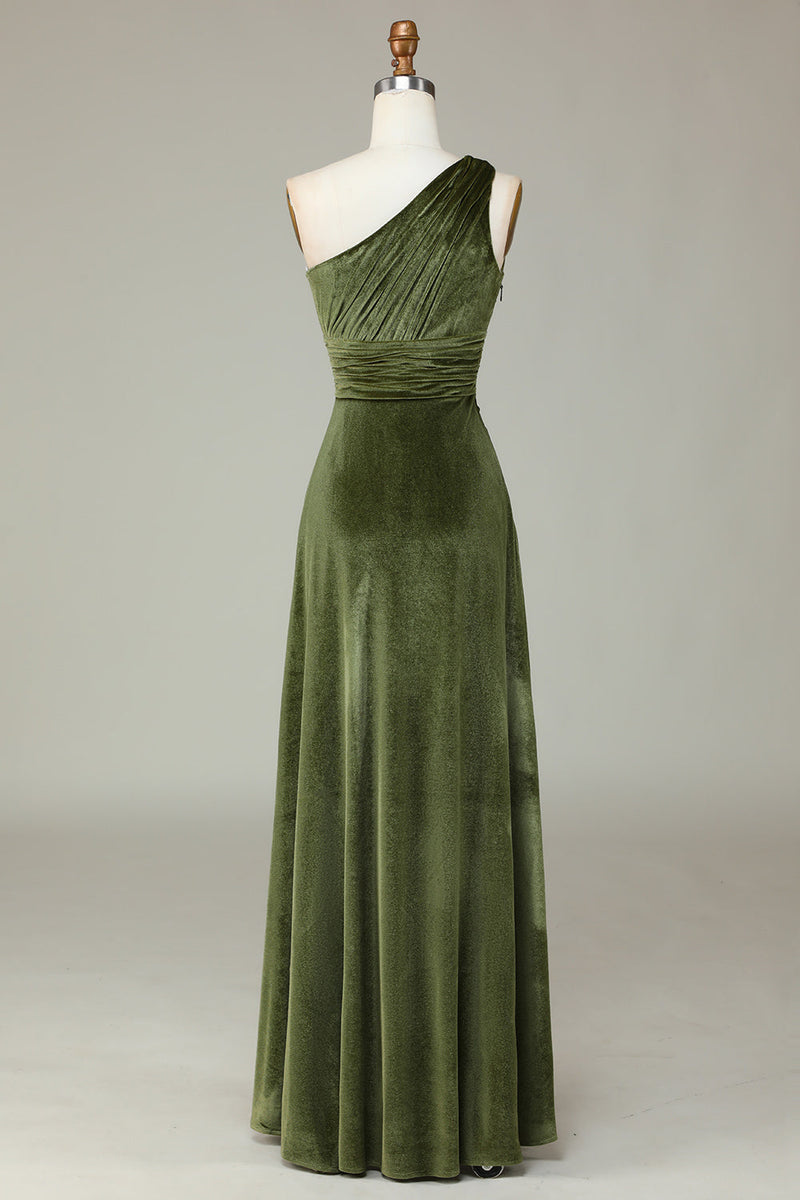 Load image into Gallery viewer, Velvet One Shoulder Olive Bridesmaid Dress