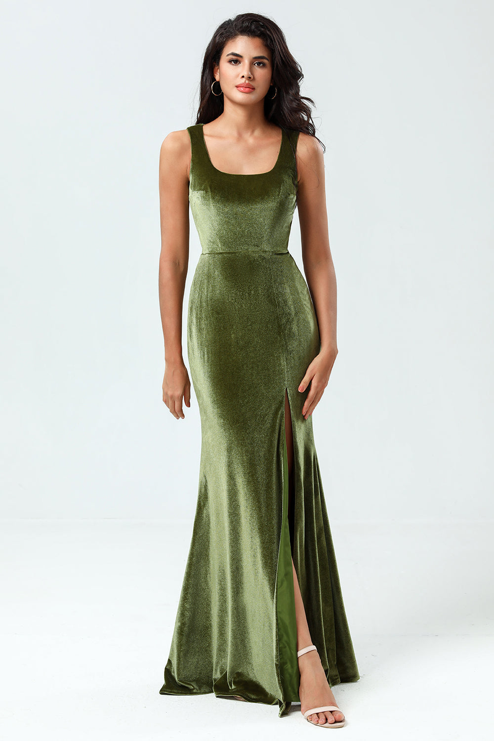 Mermaid Square Neck Olive Long Bridesmaid Dress with Slit