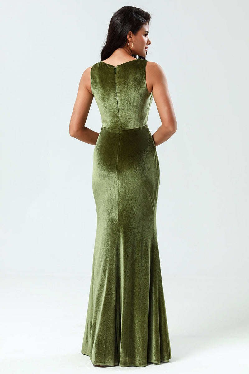 Load image into Gallery viewer, Mermaid Square Neck Olive Long Bridesmaid Dress with Slit