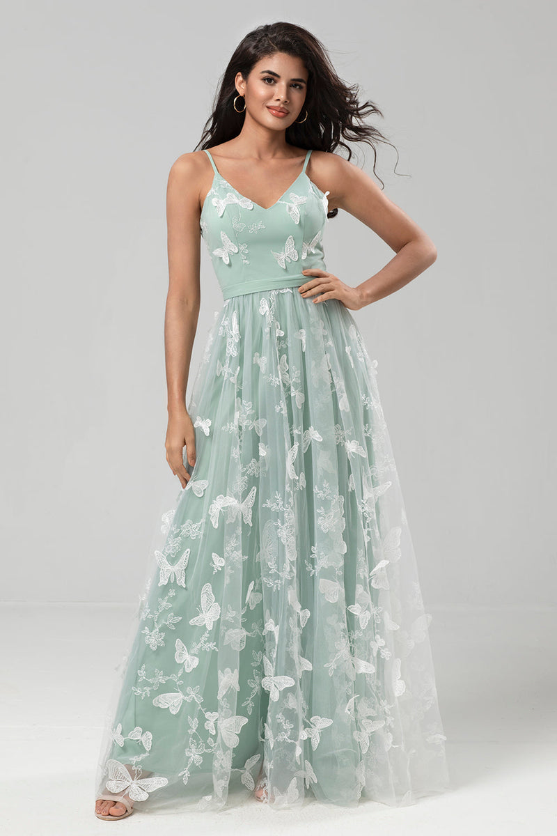 Load image into Gallery viewer, A Line Spaghetti Straps Matcha Long Bridesmaid Dress with Appliques