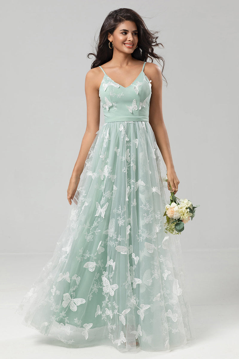 Load image into Gallery viewer, A Line Spaghetti Straps Matcha Long Bridesmaid Dress with Appliques