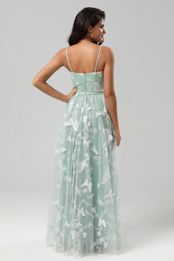 A Line Spaghetti Straps Matcha Long Bridesmaid Dress with Appliques