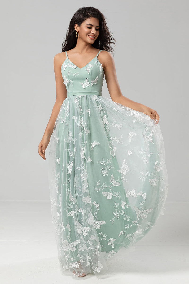 Load image into Gallery viewer, A Line Spaghetti Straps Matcha Long Bridesmaid Dress with Appliques