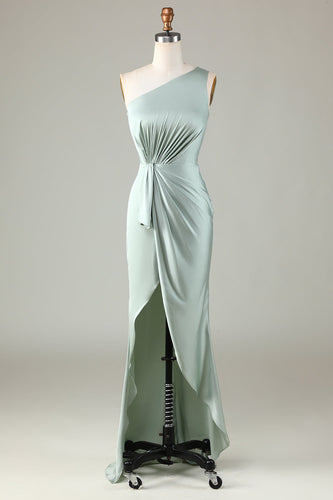 One Shoulder Matcha Bridesmaid Dress with Ruffles