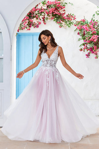 Charming A Line V-Neck Pink Tulle Sweep Train Wedding Dress with Appliques