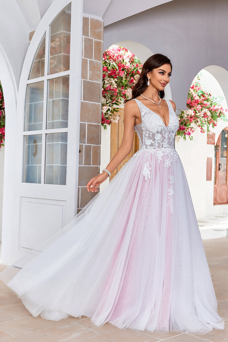 Load image into Gallery viewer, Charming A Line V-Neck Pink Tulle Sweep Train Wedding Dress with Appliques