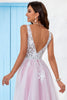 Load image into Gallery viewer, Charming A Line V-Neck Pink Tulle Sweep Train Wedding Dress with Appliques