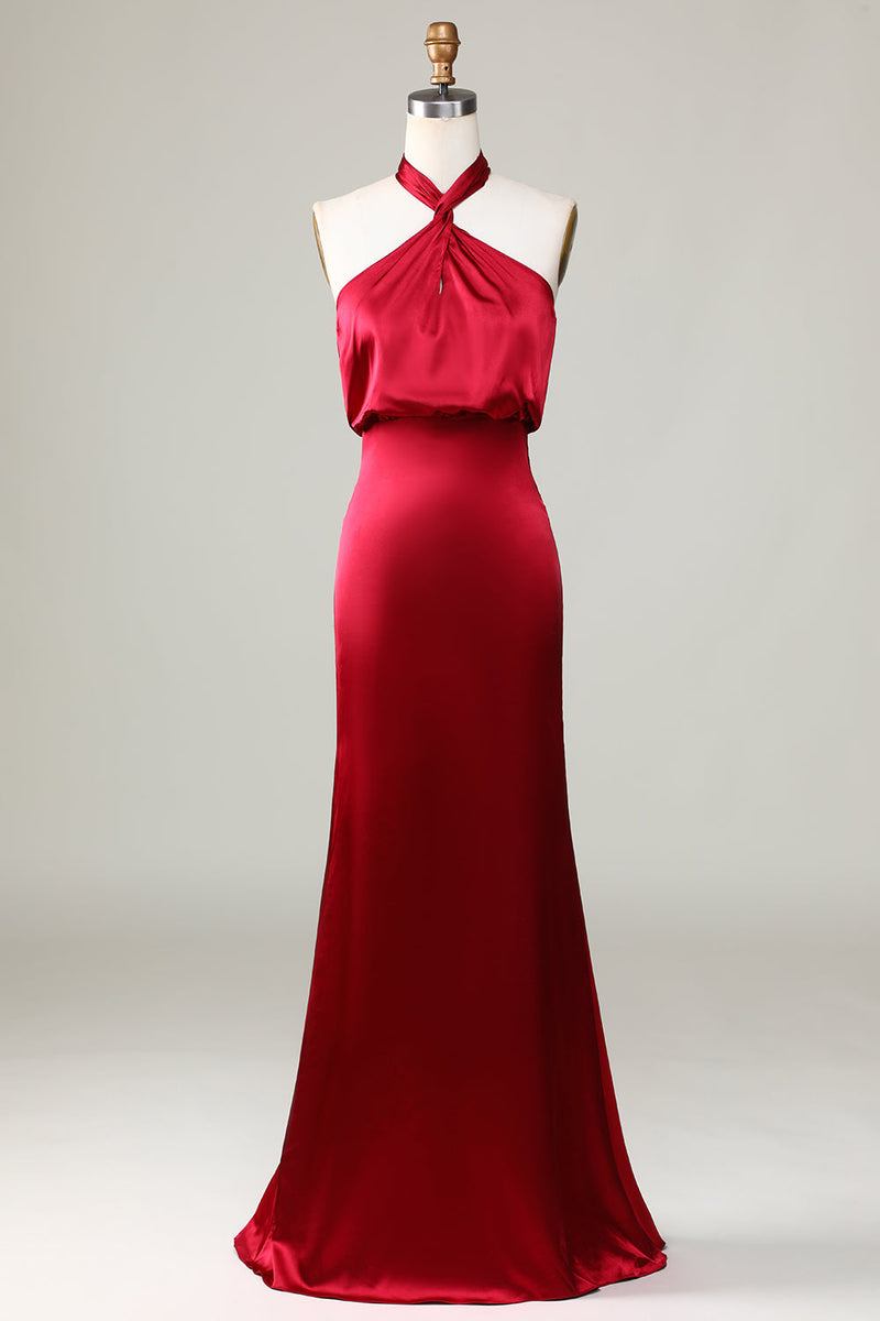 Load image into Gallery viewer, Mermaid Halter Sleeveless Burgundy Satin Bridesmaid Dress