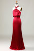 Load image into Gallery viewer, Mermaid Halter Sleeveless Burgundy Satin Bridesmaid Dress