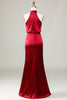 Load image into Gallery viewer, Mermaid Halter Sleeveless Burgundy Satin Bridesmaid Dress