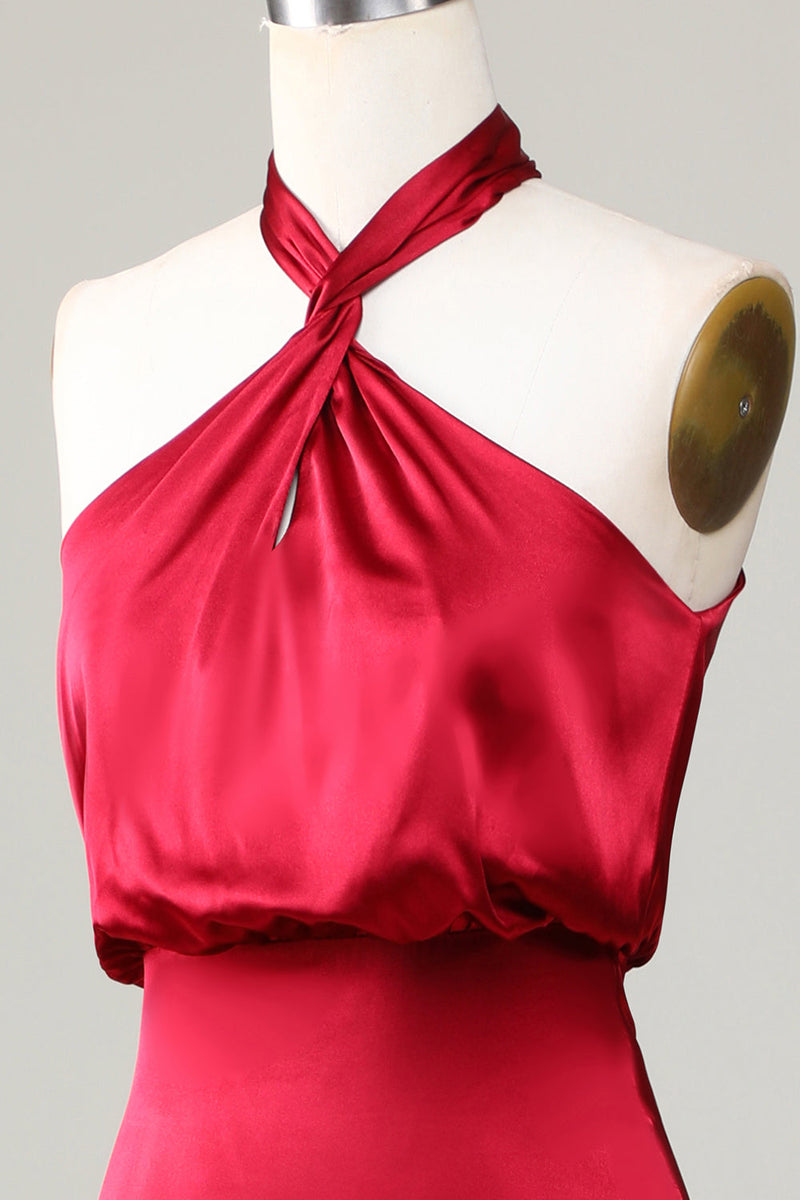 Load image into Gallery viewer, Mermaid Halter Sleeveless Burgundy Satin Bridesmaid Dress