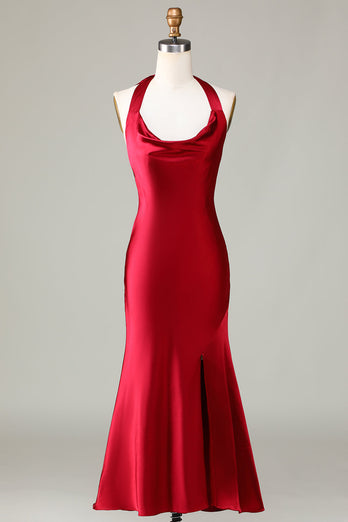 Halter Sleeveless Burgundy Tea-Length Bridesmaid Dress with Slit