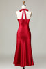 Load image into Gallery viewer, Halter Sleeveless Burgundy Tea-Length Bridesmaid Dress with Slit