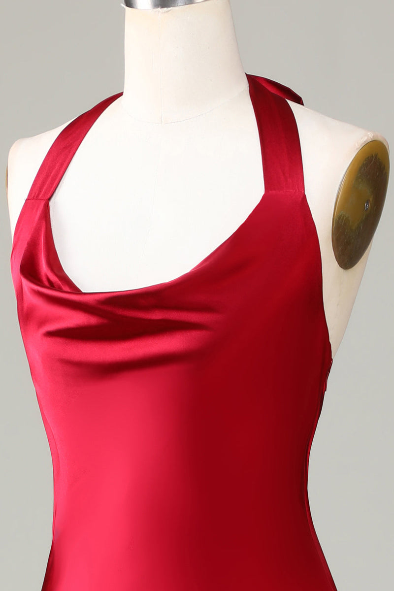 Load image into Gallery viewer, Halter Sleeveless Burgundy Tea-Length Bridesmaid Dress with Slit