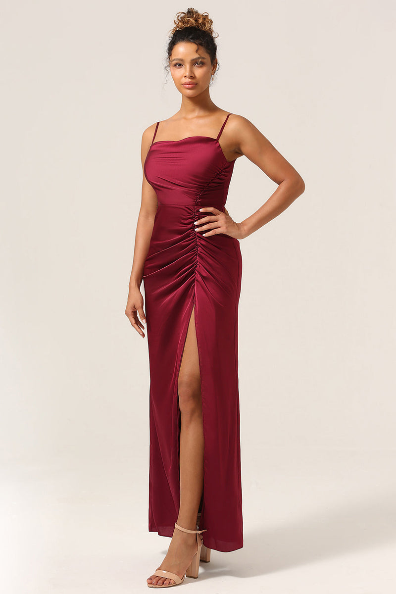 Load image into Gallery viewer, Simple Mermaid Spaghetti Straps Burgundy Long Bridesmaid Dress with Split Front