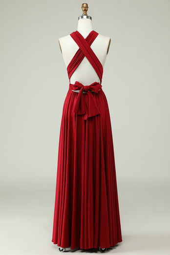 A-Line Halter Burgundy Long Bridesmaid Dress