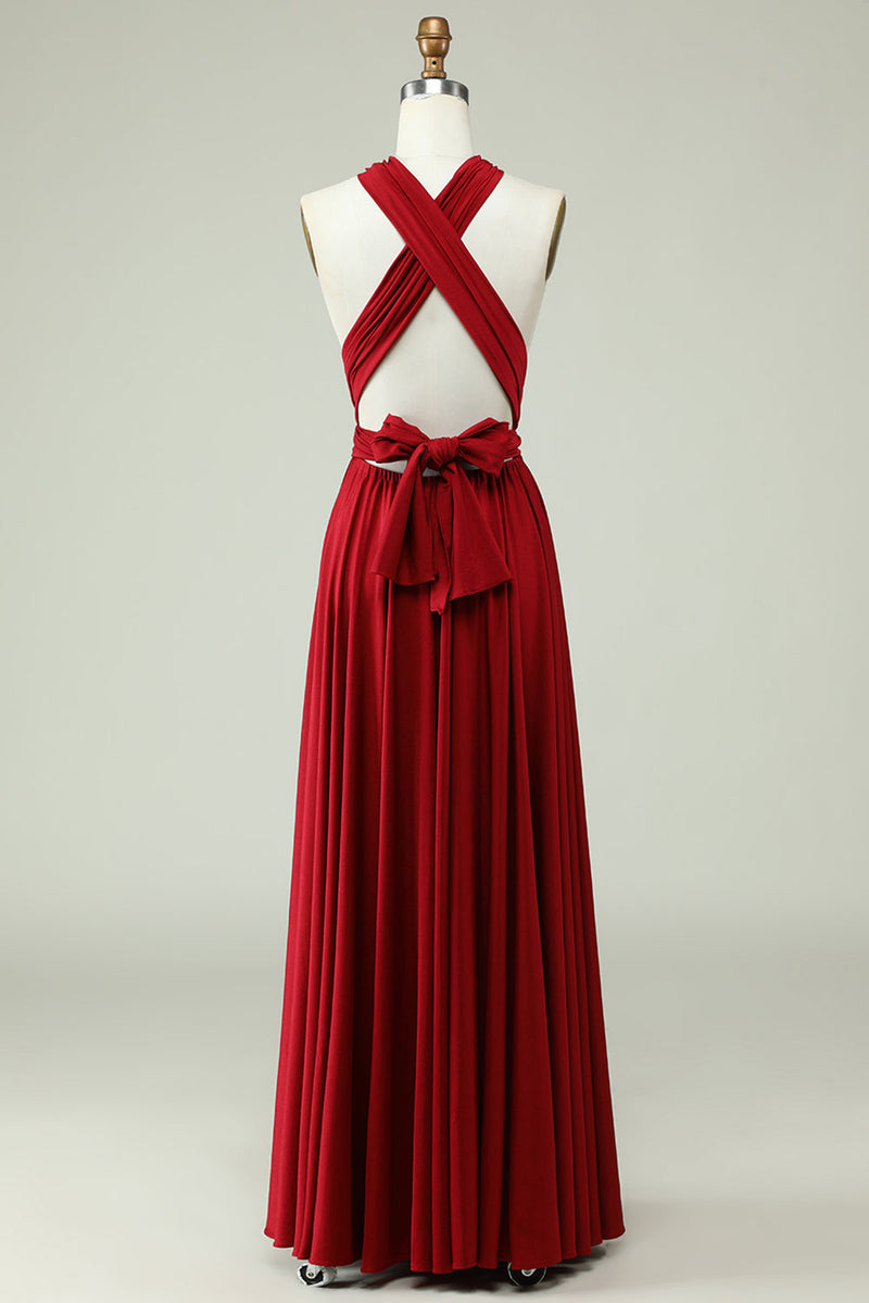 Load image into Gallery viewer, A-Line Halter Burgundy Long Bridesmaid Dress