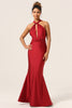 Load image into Gallery viewer, Satin Burgundy Halter Bridesmaid Dress