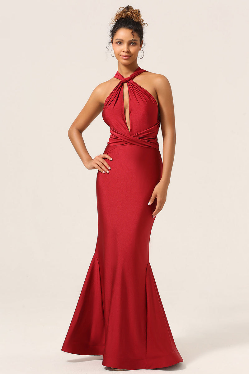 Load image into Gallery viewer, Satin Burgundy Halter Bridesmaid Dress