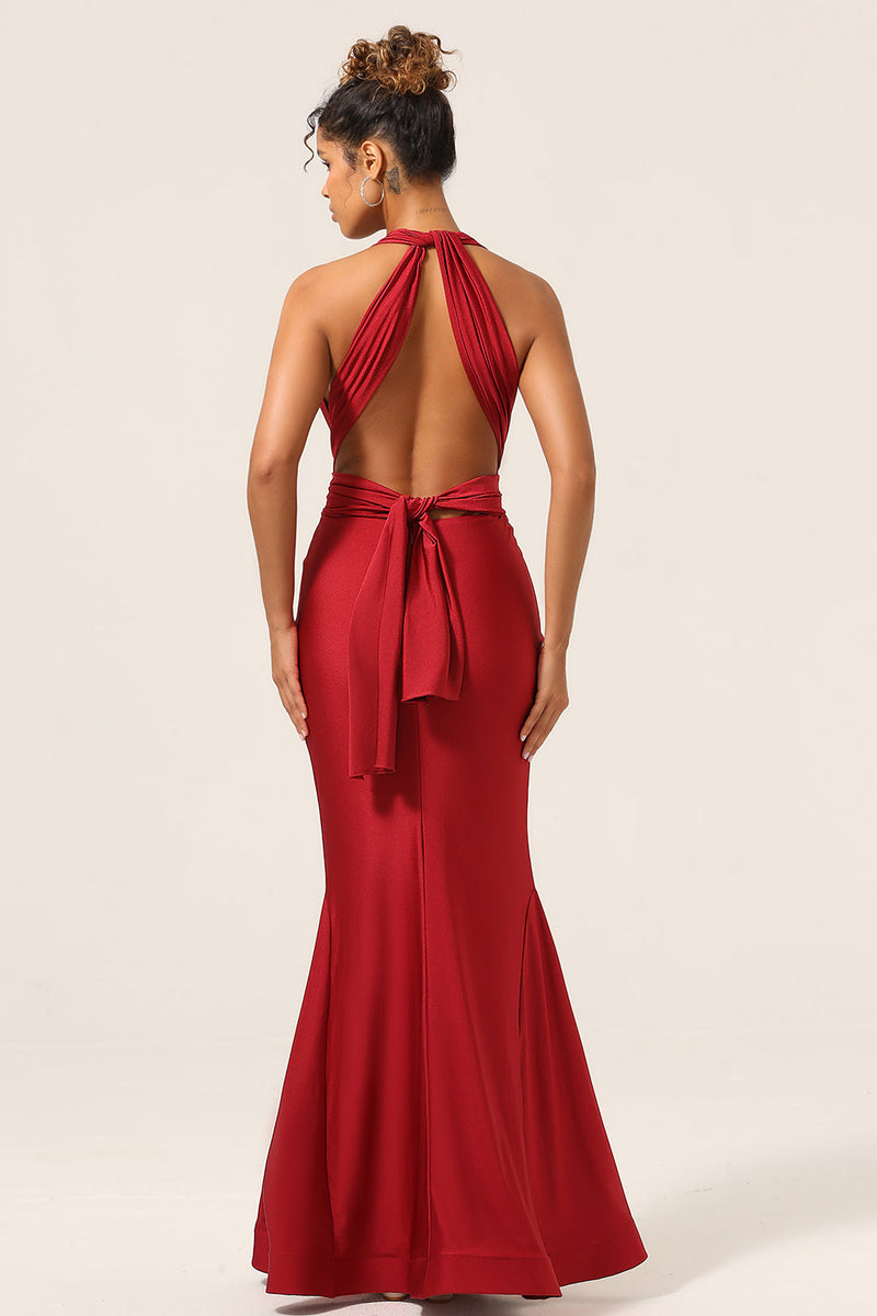 Load image into Gallery viewer, Satin Burgundy Halter Bridesmaid Dress