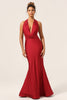 Load image into Gallery viewer, Satin Burgundy Halter Bridesmaid Dress