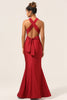 Load image into Gallery viewer, Satin Burgundy Halter Bridesmaid Dress