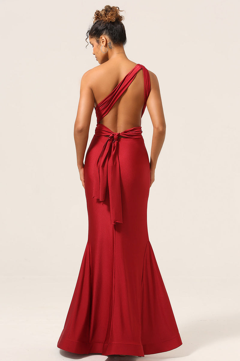 Load image into Gallery viewer, Satin Burgundy Halter Bridesmaid Dress