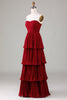 Load image into Gallery viewer, Strapless Tiered Burgundy Long Bridesmaid Dress