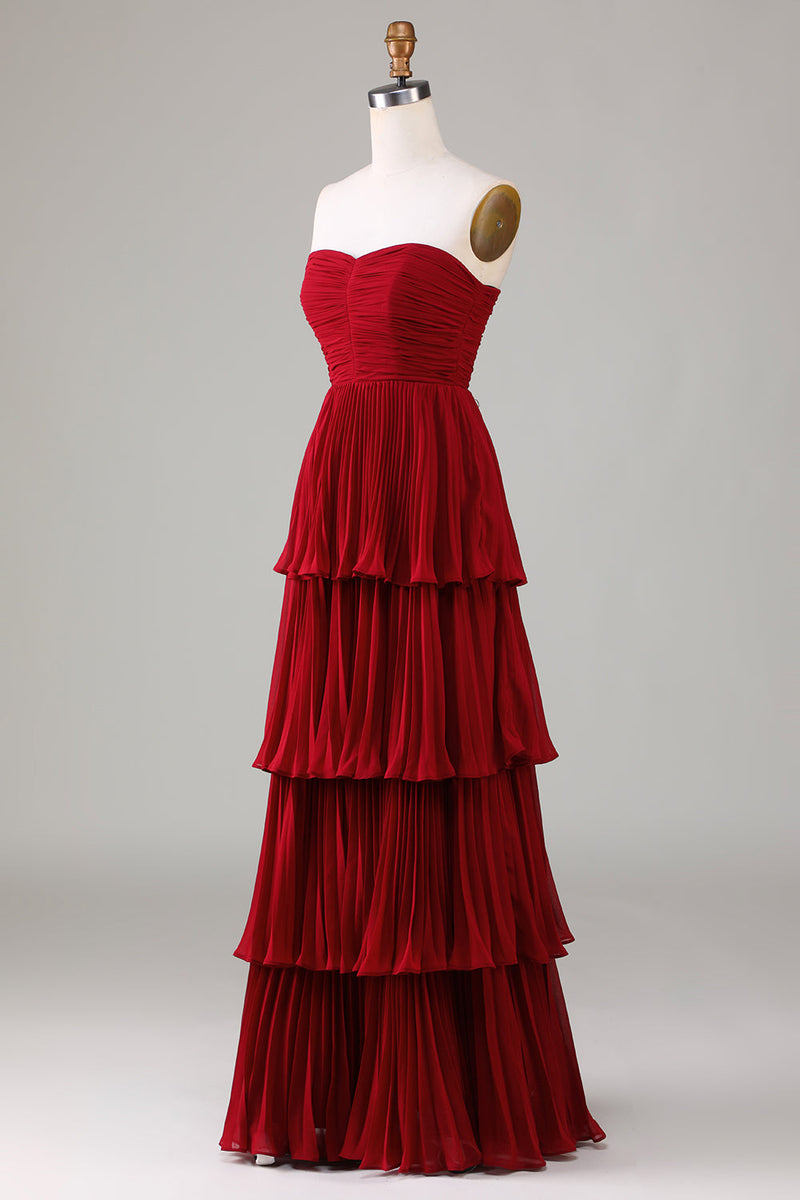 Load image into Gallery viewer, Strapless Tiered Burgundy Long Bridesmaid Dress