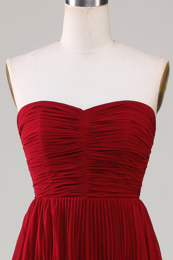 Strapless Tiered Burgundy Long Bridesmaid Dress