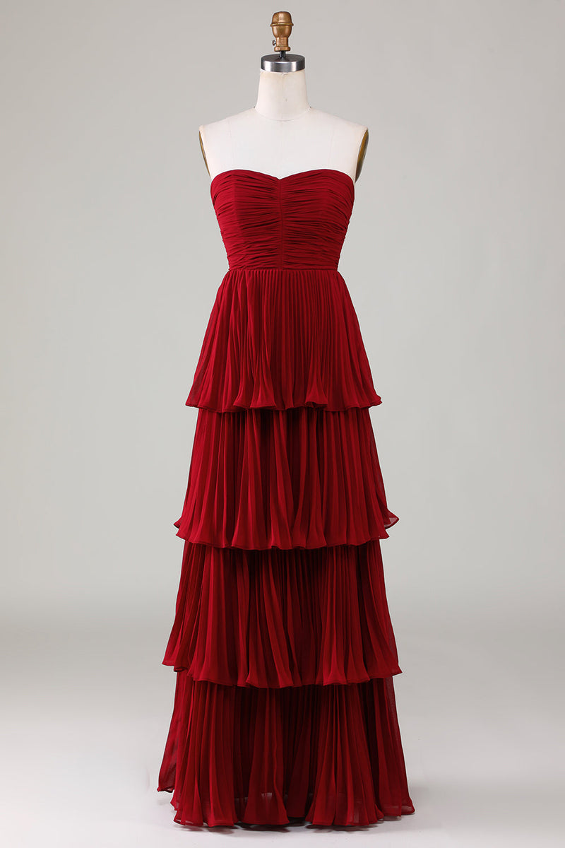 Load image into Gallery viewer, Strapless Tiered Burgundy Long Bridesmaid Dress