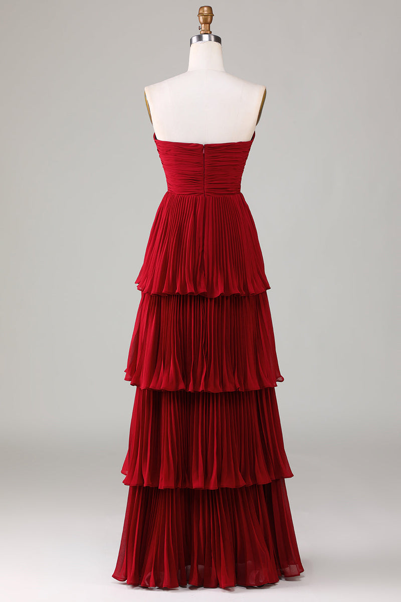 Load image into Gallery viewer, Strapless Tiered Burgundy Long Bridesmaid Dress