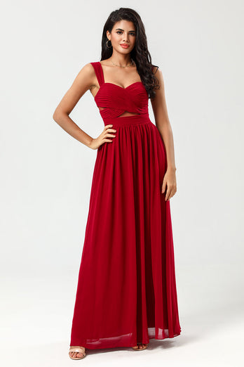 A Line Sweetheart Burgundy Long Bridesmaid Dress with Keyhole