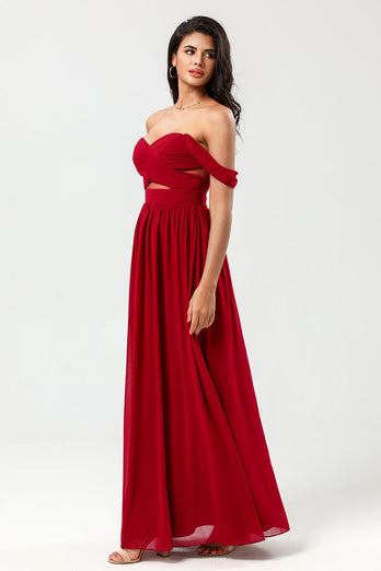 A Line Sweetheart Burgundy Long Bridesmaid Dress with Keyhole