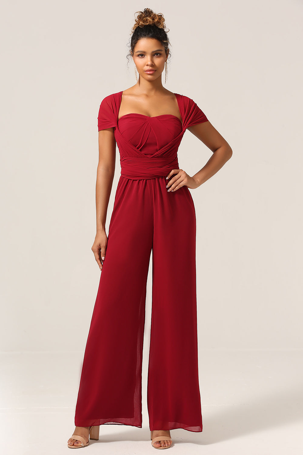 Burgundy Chiffon Convertible Bridesmaid Jumpsuits