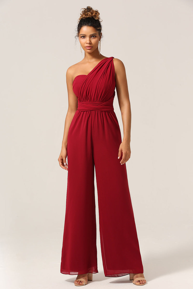 Load image into Gallery viewer, Burgundy Chiffon Convertible Bridesmaid Jumpsuits