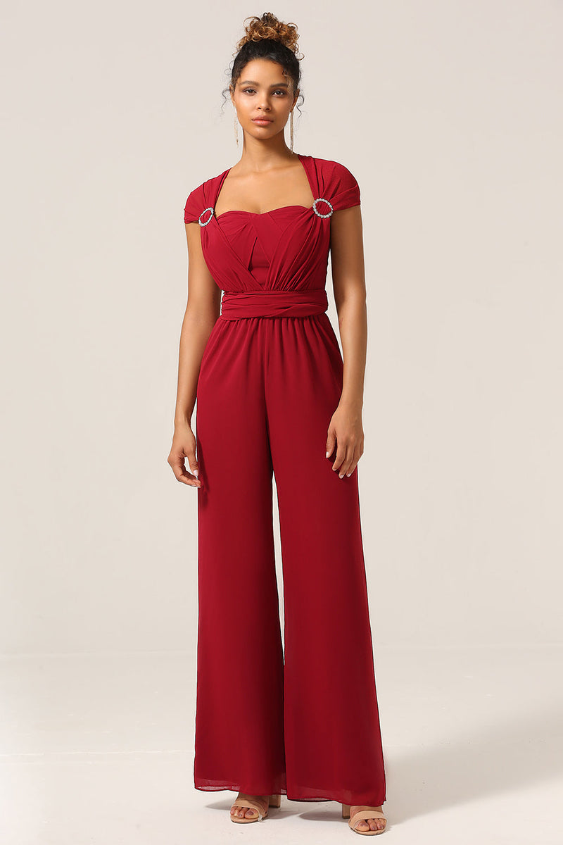 Load image into Gallery viewer, Burgundy Chiffon Convertible Bridesmaid Jumpsuits