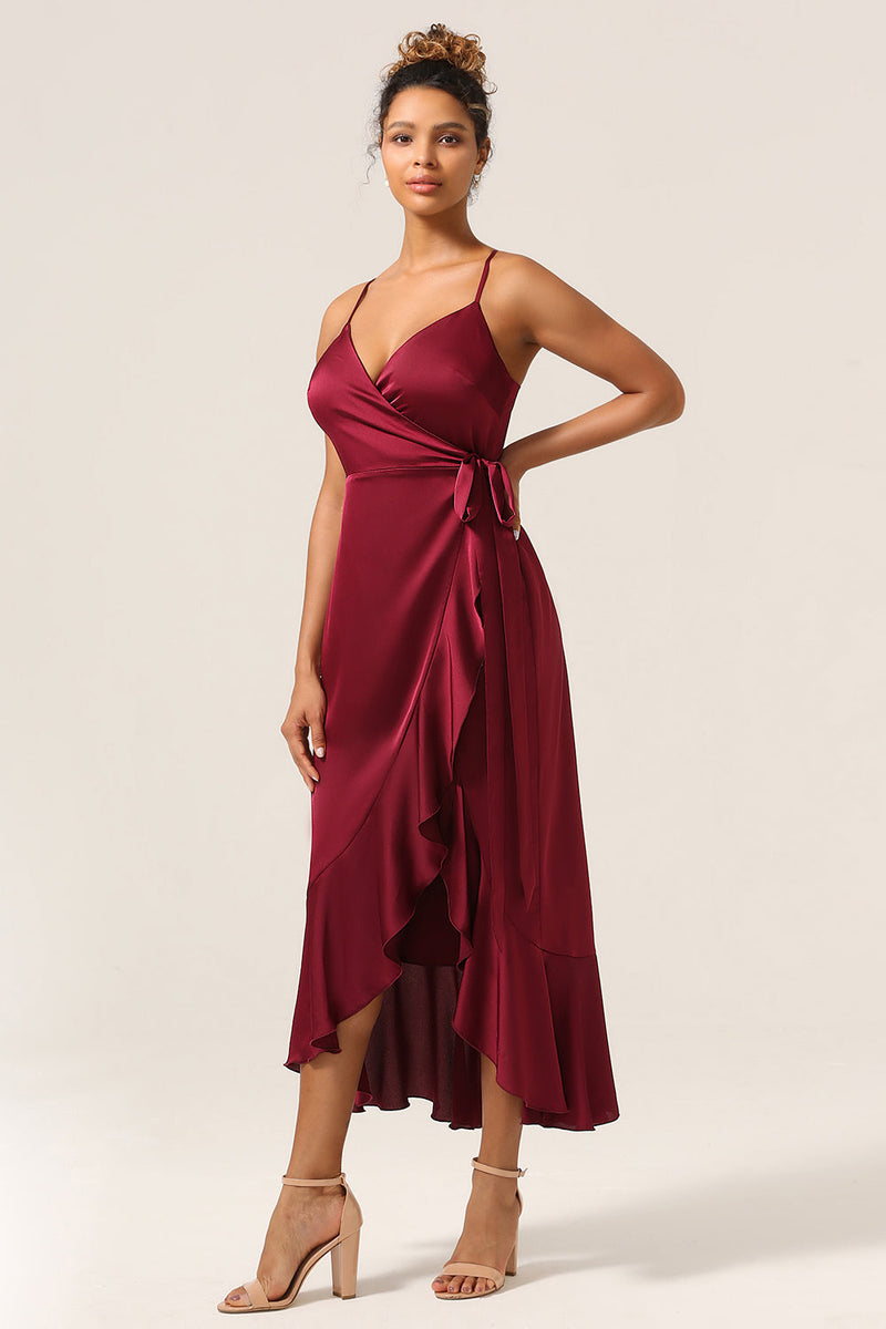 Load image into Gallery viewer, A Line Spaghetti Straps Burgundy Bridesmaid Dress with Ruffles