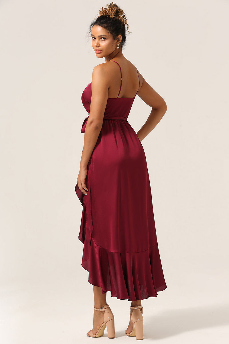 Load image into Gallery viewer, A Line Spaghetti Straps Burgundy Bridesmaid Dress with Ruffles