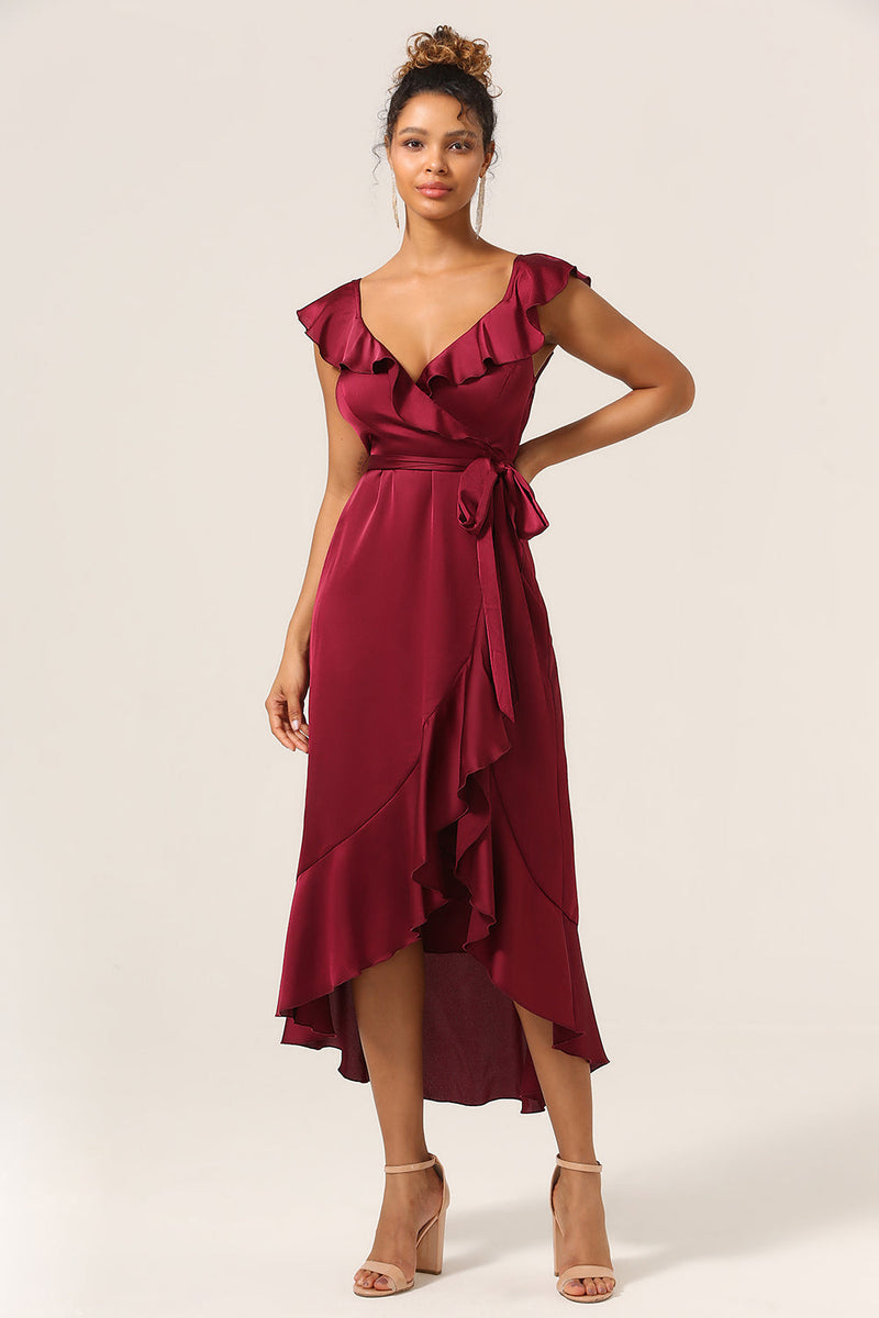 Load image into Gallery viewer, A Line V-Neck Burgundy Bridesmaid Dress with Ruffles