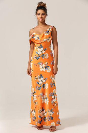 Trendy Mermaid One Shoulder Printed Orange Flower Bridesmaid Dress