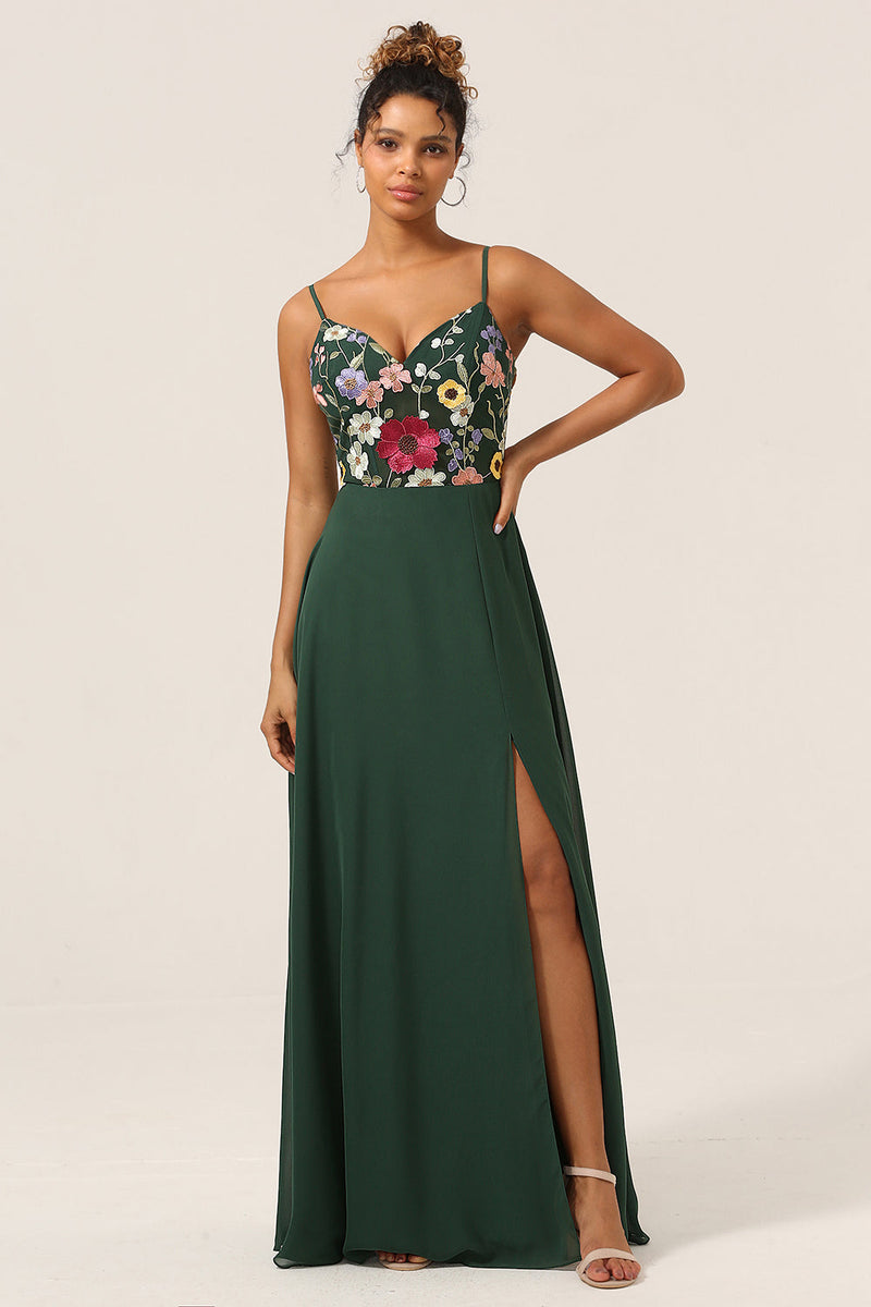 Load image into Gallery viewer, Beauty A-Line Spaghetti Straps Dark Green Long Bridesmaid Dress with 3D Flowers