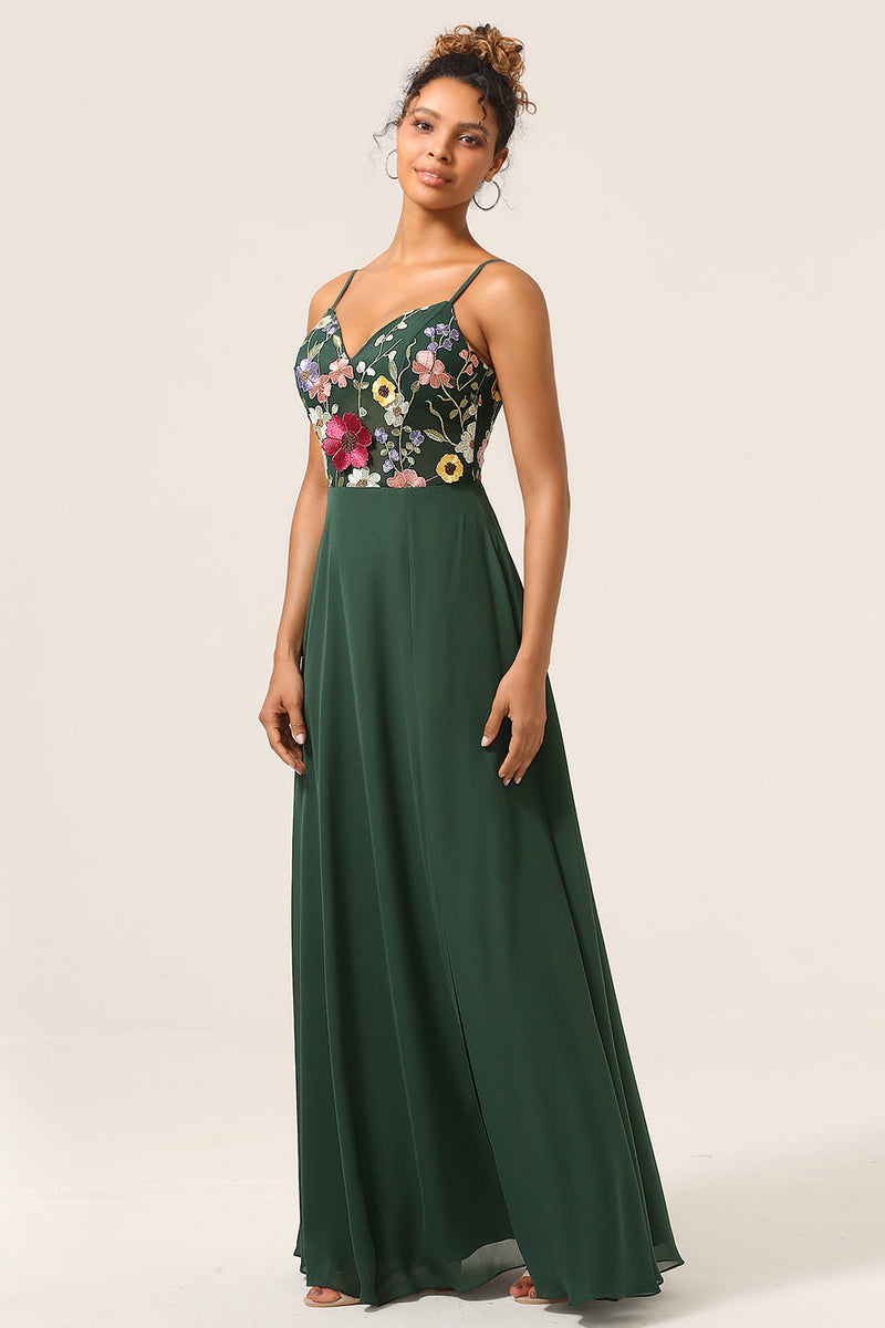 Load image into Gallery viewer, Beauty A-Line Spaghetti Straps Dark Green Long Bridesmaid Dress with 3D Flowers